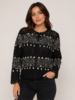 Anage Vintage Black Eyelet Embroidered Jacket w/ Shell Beads Small